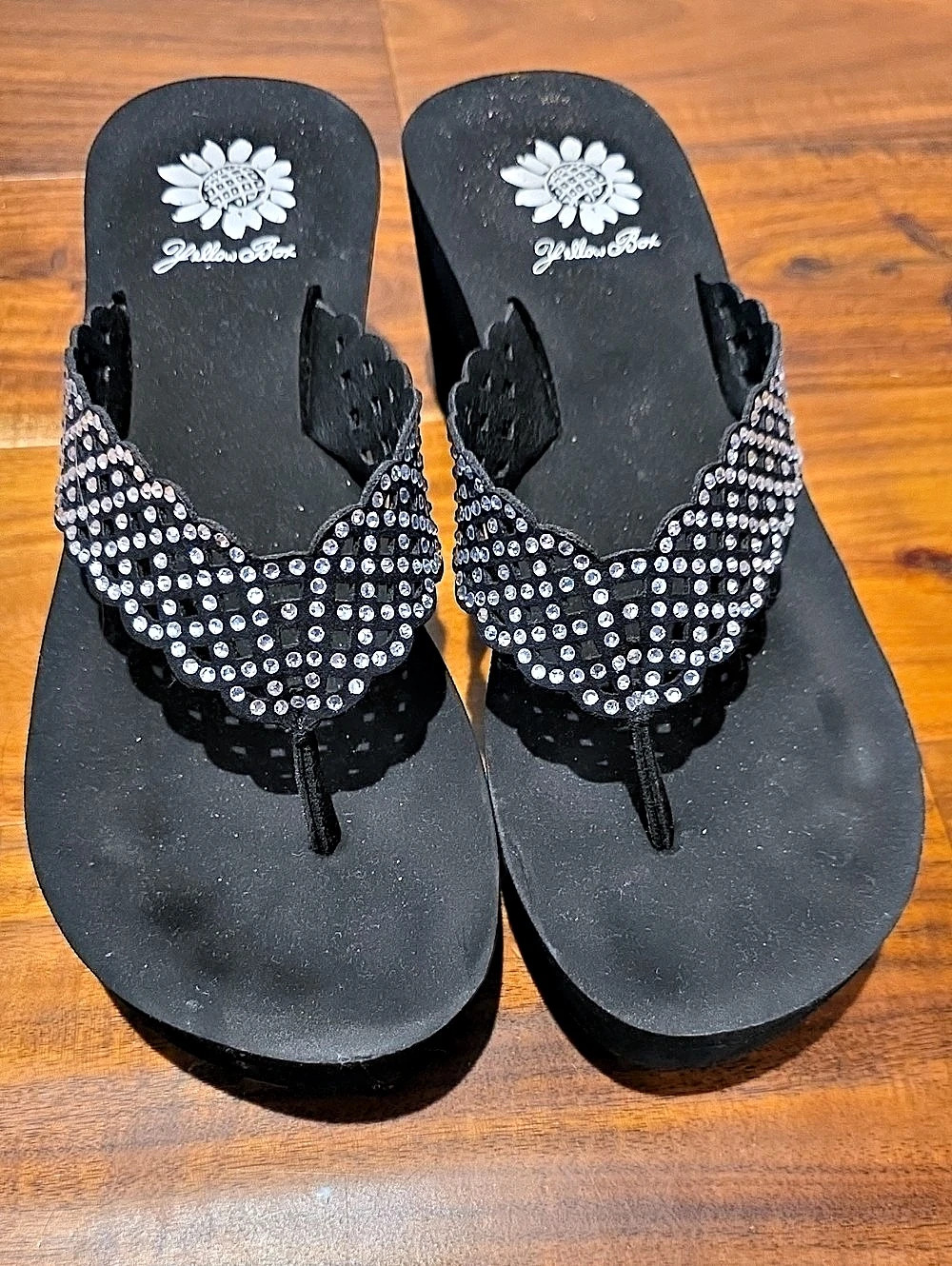 Yellow Box Rhinestone Thong Sandals in Black